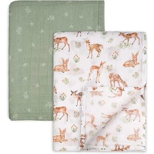 GLLQUEN BABY Muslin Swaddle Blankets Breathable Receiving Blankets (35" x 40") 2-Pack Soft Baby Blankets for Girls and Boys Newborn Essentials Muslin Burp Cloths Swaddle Wrap Baby Gift(Deerling)