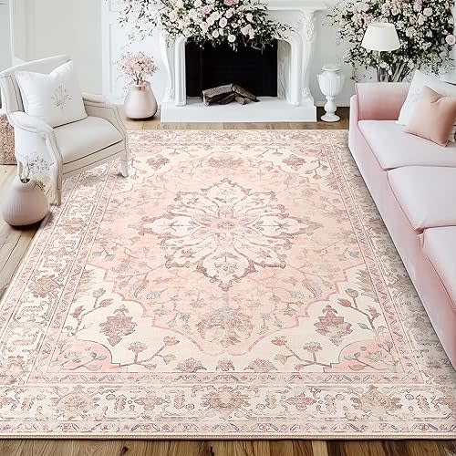 Area Rugs 8'x10' Washable Non-Slip, Floral Vintage Distress Print Pattern Medallion Carpet for Living Room Bedroom Dining Room, Pink Greypink Cute