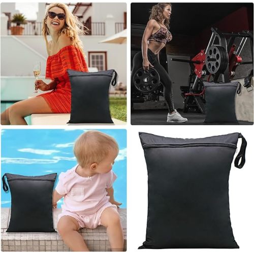2Pcs Wet Dry Bags Waterproof Reusable Wet Laundry Bag Baby Cloth Diaper Bag Organiser Pouches Nappy Wet Bag Washable Wet Clothes Bag for Gym Swimming Travel Workout Beach Pool (11.8X13.8 Inch)… - Black+grey