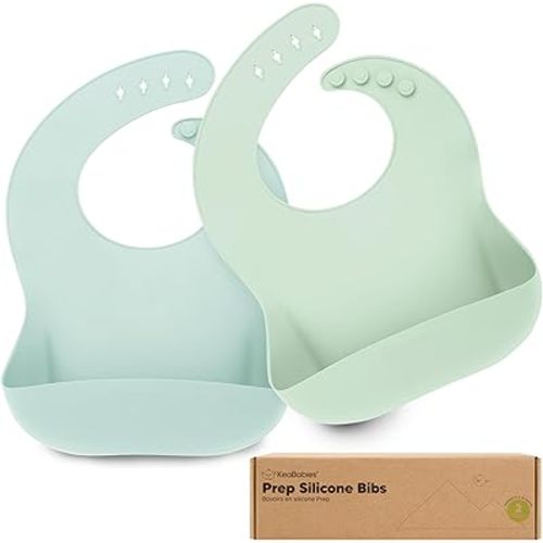 KeaBabies 2-Pack Silicone Baby Bibs for Eating - Sturdy Food-Grade Silicone Bibs for Babies Girl, Boy, Large Food Catcher, Clean & Put On Easily, Waterproof Toddler Feeding Essentials(Pastel Sky)