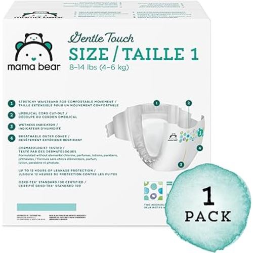 Amazon Brand - Mama Bear Gentle Touch Diapers, Hypoallergenic, Size 1, 196 Count (4 packs of 49), White