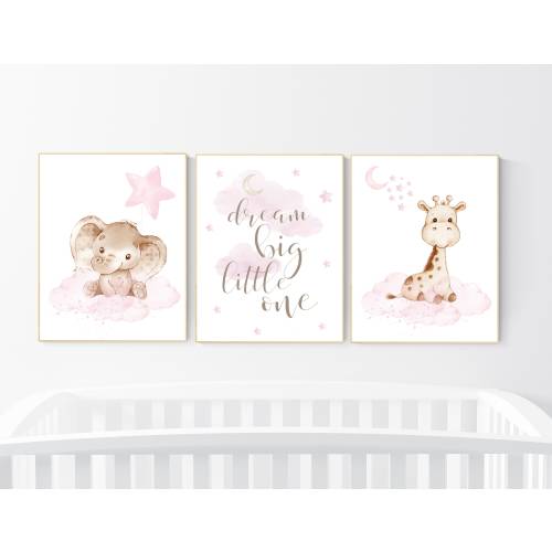 Pink Woodland Animal Nursery Decor: Elephant & Giraffe Prints