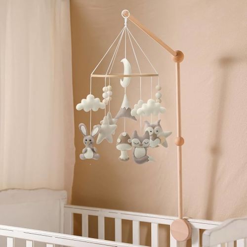 Animal Mobile for Crib - A Handmade Neutral Woodland Crib Mobile with Forest Animals and Clouds for a Neutral Nursery