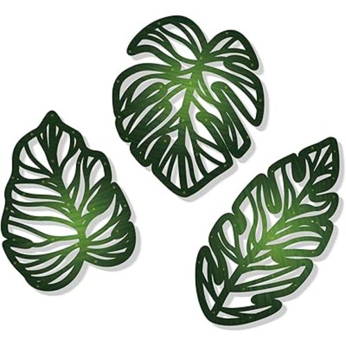 Zzbakress 3 Pcs Wooden Palm Leaves Wall Art Tropical Leaf Wall Art Natural Plant Wall Decor Tropical Plant Wall Sculptures for Living Room Kitchen Bedroom Garden (Farmhouse, Leaves-A)