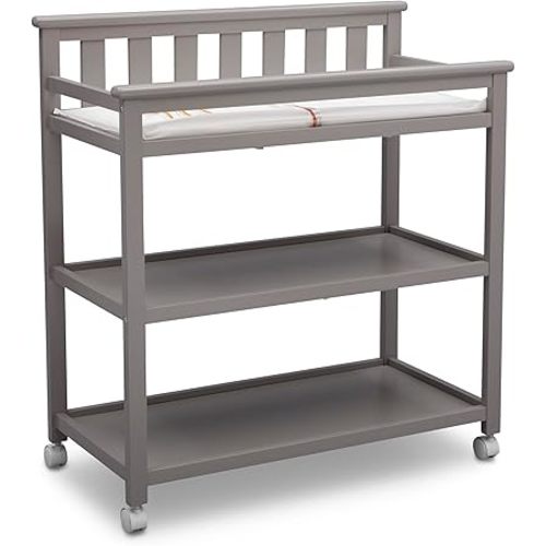 Delta Children Flat Top Changing Table with Wheels and Changing Pad - Greenguard Gold Certified, Grey