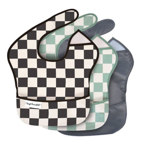Tiny Twinkle Mess-Proof Baby Bib - Waterproof Bib for Baby Boy or Girl - Machine Washable - Adjustable Closure - PVC, BPA, & Phthalate Free - Great for Travel - Baby Food Bibs (3 Pack, Checkers Boy)
