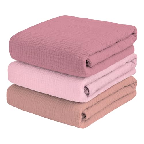 breebleep Muslin Swaddle Blankets for Baby Girl - 3 Pack 47x47 Inch Large Receiving Blankets, Soft Breathable Cotton Nursery Swaddles for Newborn, Infant & Todler, Pink