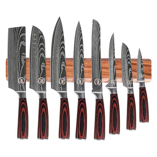HouseWish 8 PC Chef Knives - High Carbon Stainless Steel Knives With Pakkawood Handles - Magnetic Strip Holder Included - Japanese Knife Set - Home & Professional Chef's Knife Set