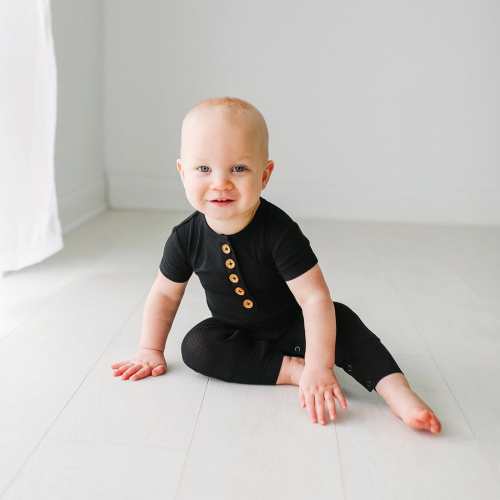 Black Ribbed Short Sleeve Henley Romper (6-9 months)