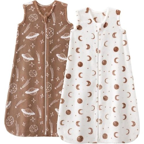 Fleece Baby Sleep Sack 6-12 Months 2.0 Tog Baby Wearable Blanket with 2-Way Zipper Warm Sleeping Sack for Toddler Infant Newborn - Medium White Brown Moon