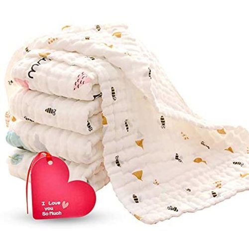 KOROTUS Muslin Baby Burp Cloths Washcloths Face Towels 5-Pack Extra Large 10 X 20 inches 6 Layers Super Absorbent Premium Soft Natural for Sensitive Skin Baby 100% Organic Cotton