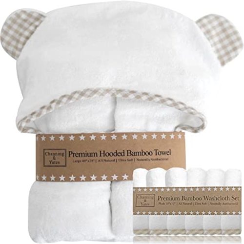 Channing & Yates - Premium Hooded Baby Towels and Washcloth Set - Organic Bamboo Baby Towel with Hood… (Beige Set)
