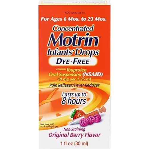 Motrin Infants' Oral Suspension Concentrated Liquid Medicine Drops with Ibuprofen, NSAID Infant Fever Reducer and Pain Reliever for Babies, Dye-Free, Alcohol-Free, Berry Flavor, 1 FL OZ