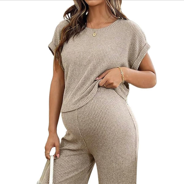 BLENCOT Maternity Clothes Ribbed Short Sleeve Maternity Pajamas Sets Sleepwear Lounge 2 Piece Matching Outfits Set