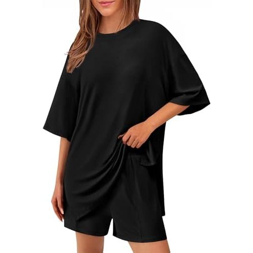 KIRUNDO 2 Piece Sets for Women Summer Lounge Sets Casual Oversized Tshirts Shorts Matching Airport Travel Outfit Postpartum