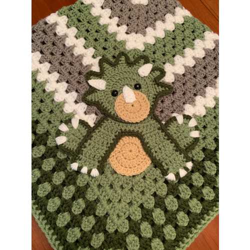 Handmade Crocheted Baby Blanket with Sage Triceratops Design, 40x40'' or 32x32'', Cute Nursery Decor and Keepsake, Perfect Baby Shower Gift