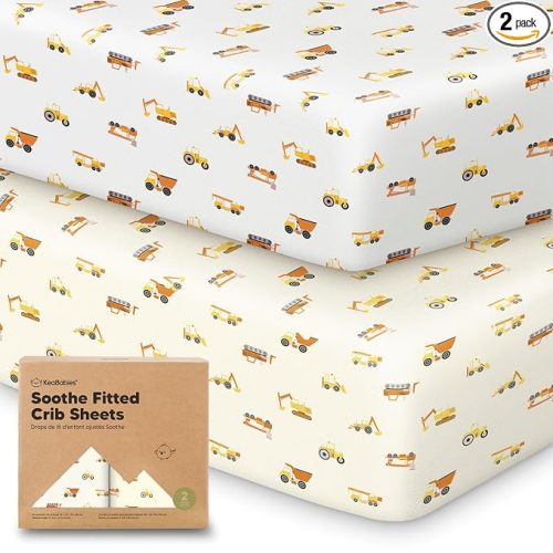 2pk Organic Cotton Crib Sheets for Boy Girl 52x28 (Construction) | Fitted Crib Mattress Sheet Neutral, Breathable Cover for Baby Bed Set, Toddler Mattress, Soft & Cute Prints