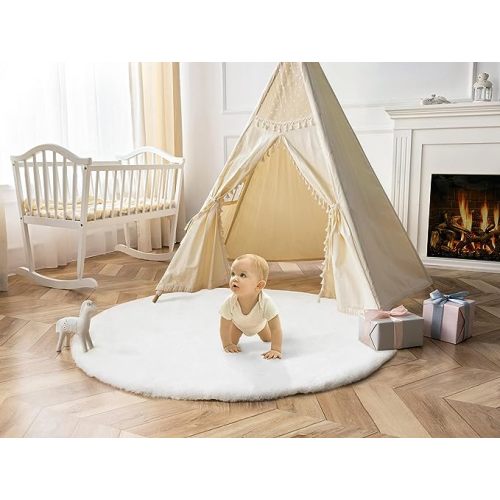 Ashler Faux Rabbit Fur Rug, White 3x3 ft Round Fluffy Faux Fur Rug, Shaggy Area Rug for Bedroom, Living Room, Machine Washable Nursery Rug