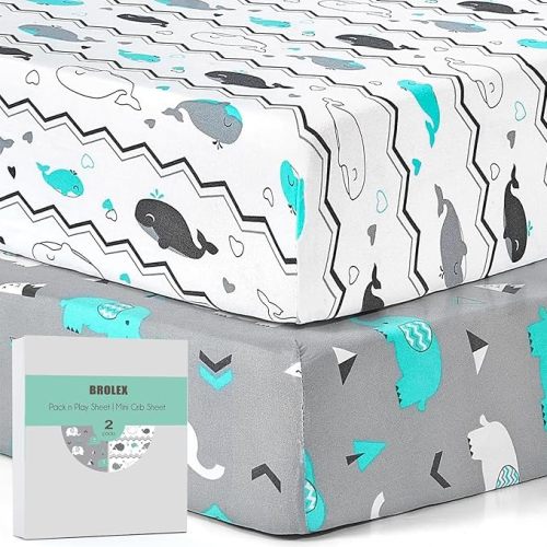 Pack n Play Sheets, BROLEX 2 Pack Mini Crib Sheets,Stretchy Portable Fitted Playard Sheet Set, Convertible Playard Mattress Cover,Ultra Soft Breathable Material,Elephant Whale