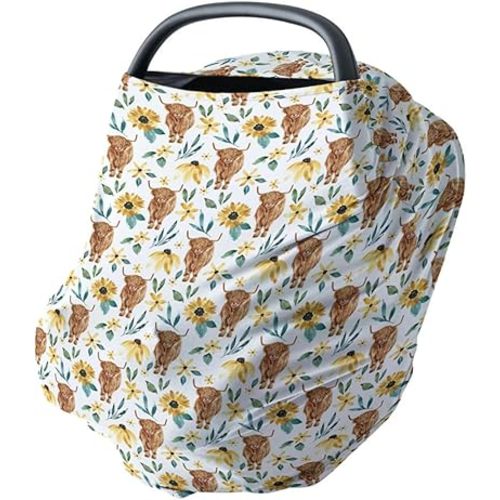 HawSkgFub Highland Cow Sunflower 5-in-1 Car Seat Cover Baby Girl Cow Lover Gift, Western Farm Animal Cowgirl Flower Privacy Breastfeeding Nursing Cover, Newborn Infant Multi-use Carseat Canopy Carrier