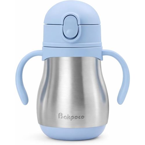 Bakpoco Stainless Steel Straw Sippy Cup for Toddlers 1-3 Years Old, Insulated Toddler Water Bottle Baby Training Tumbler with Handles, 8oz Kids Straw Cups for Travel, Daycare & At Home, Blue