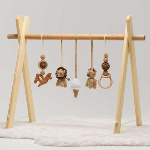 Wooden Baby Gym with Crocheted Toys, Handmade Play Gym with 5 Toys, Baby Shower Gift