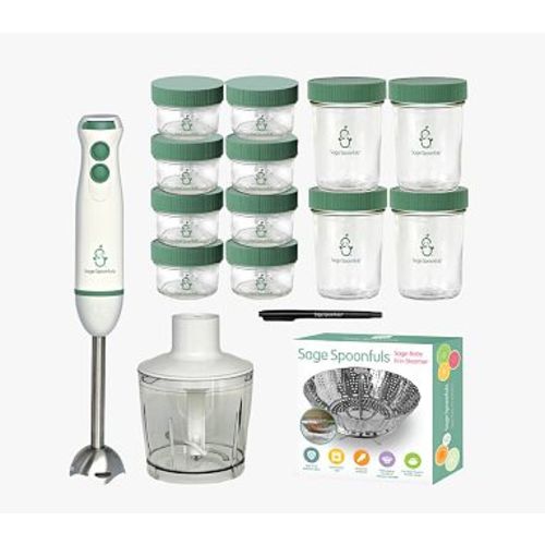Sage Spoonfuls 17-Piece Baby Food Bundle - 12 glass jars, a 2-in-1 baby food maker + steamer