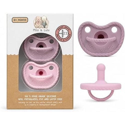 Mila & Lulu Round Silicone Pacifiers (Set of 2) – 100% Food-Grade, One-Piece Design, Soft Round Nipple, Doubles as Soother for Newborns and 0+ Months – Ballerina/Mauve