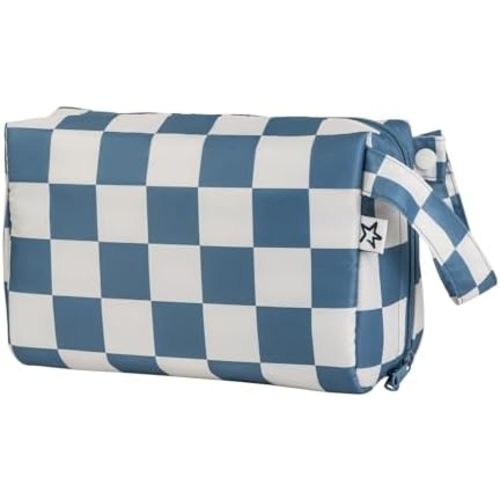 Tiny Twinkle Waterproof Travel-Friendly Makeup Bag Organizer | Wide-Open Cosmetic Pouch with Multiple Compartments & Snap Handle | Compact & Washable Toiletry Bag | Gift for Women （Blue Checkers