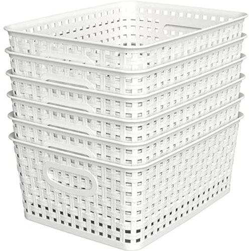 Woven Plastic Storage Baskets, 6 Pack White Weave Bins Organizer, 10.1" x 7.55" x 4.1"
