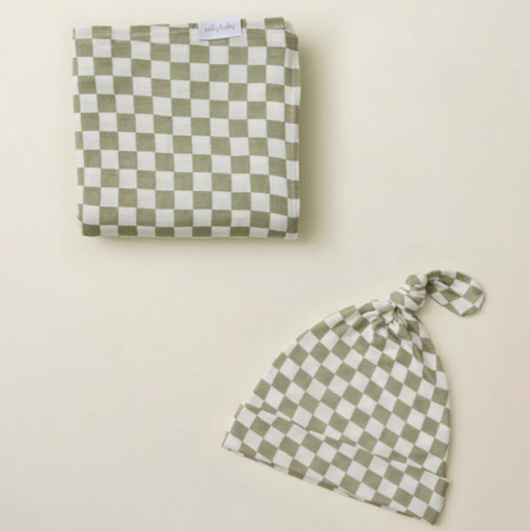 Sage Chequer Swaddle + Hat Set