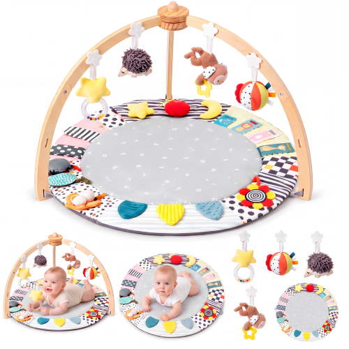 PRVAETU Wooden Baby Gym Play Mat, Foldable Tummy Time Playmat W/ 7 Detachable Toys for Infant Newborn Toddler Motor Skills Sensory Development,Grey