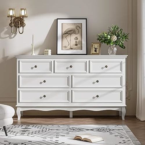 RoyalCraft White 7 Drawer Dresser, Modern Chest of Drawers with Solid Wood Legs and Painted Finish, Wooden Storage Closet Cabinet Organizer for Hallway, Living Room