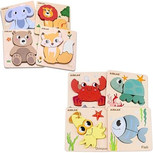 Pack of 8 Wooden Animals Puzzles for Toddlers & Wooden Ocean Theme Puzzles for Toddlers 1-3