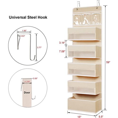 Univivi 6-Shelf Over Door Hanging Organizer Fabric Door Storage with 5 Large Pockets and 3 Small PVC Pockets Wall Mount Hanging Storage Organizers (Beige)… - 6 - Beige silk screen