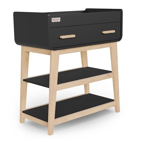 Fisher-Price Iris/Siesta Changing Table by Dream On Me, Matte Black Vintage Oak, JPMA & Greenguard Gold Certified, with a Bottom Closed Drawer and Two Open Shelves for Storage