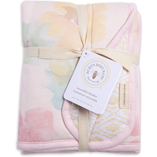 Burts Bees Baby Infant Reversible Blankets 100% Organic Cotton GOTS Certified - Morning Glory Prints with Quilting Pattern Soft Nursery Blanket with 100% Polyester Fill for Size 30 x 40 Inch