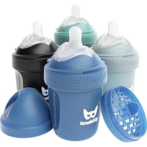 Herobility Double Anti-Colic Baby Bottles – 5 fl oz/140ml – 4-Pack – Multicolor – Denim, Black, Dusky Green, Gray
