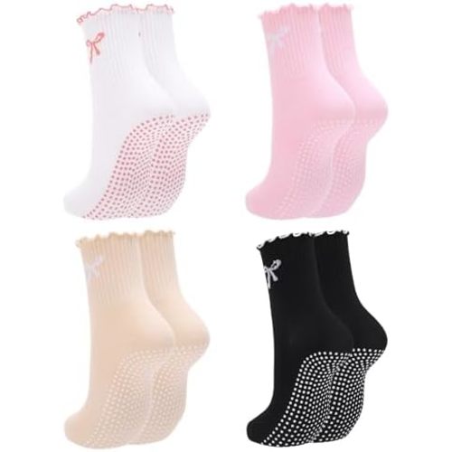 4 Pairs Women's Pilates Non Slip Socks Cute Bow-tie Ruffled Yoga Crew Socks for Ballet Barre Hospital Gym