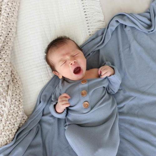 Dusty Denim Bamboo Waffle Newborn Baby Knot Gown & Hat Set