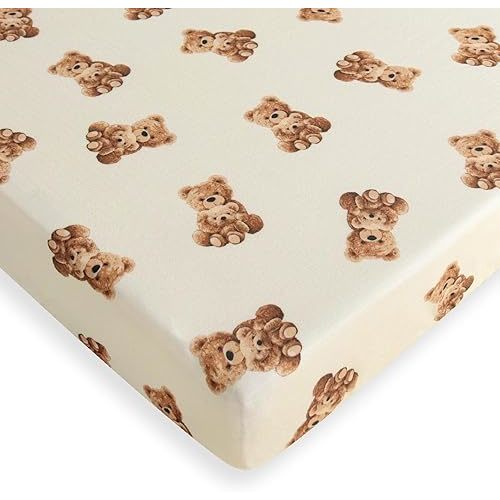 LifeTree Pack and Play Sheets Fitted for Baby, 38" x 26" x 2" Muslin Playard Mattress Pad Cover,70% Viscose from Bamboo and 30% Cotton, Bear Pattern
