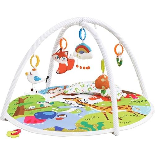 Baby Play Gym, ibabejoy Activity Play Mat for Newborn to Toddler, Stage-Based Sensory & Motor Skills Development, 7in 1 Non Slip Language Discovery Platmats with Teether