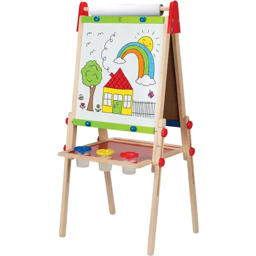 Hape E1010 Magnetic All in 1 Kids Height Adjustable Drawing Dry-Erase Chalkboard Wooden Artist Easel with 3 Paint Pots and Refillable Paper Roll