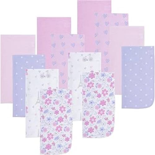EVERYDAY KIDS 12 Pack Burp Cloths for Baby Girl - Paris, Flowers and Hearts