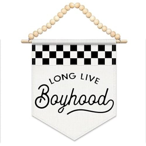 FLVGE Long Live Boyhood Black and White Checkered Boys Room Decor - Boho Wood Beads Wall Art Decor Hanging Pennant Flag for Toddler Boy Room Nursery Playroom,11x14