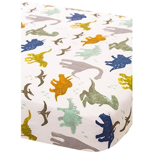 Little Unicorn Dino Friends Fitted Crib Sheet | 100% Cotton Muslin | Super Soft | Sized for Standard Baby Crib & Toddler Mattress | Machine Washable | 52” x 28” x 9”