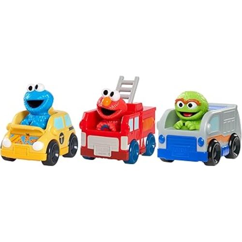 SESAME STREET Twist and Pop Wheelies 3-Pack Preschool Toy Vehicles, Includes Elmo, Cookie Monster, and Oscar, 3" Interactive Toy Cars for Fans, Boys, Girls, Kids, Ages 2 and Up by Just Play