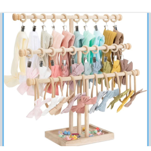 POVETIRE Headband Holder Stand Storage for Baby, 3 Tier Wooden Bow Organizer for Girls Hair Bows, Infant Hair Accessories Rack Display for Nursery Decor