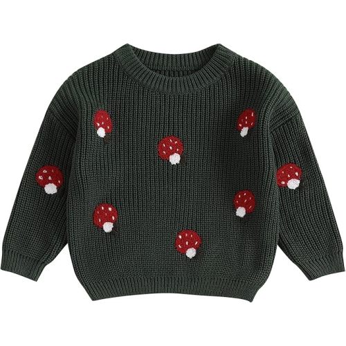 Toddler Baby Girl Knit Sweaters Oversized Long Sleeve Embroidery Shirt Top Newborn Infant Cute Fall Winter Clothes - 9-12 Months - Mushroom Green