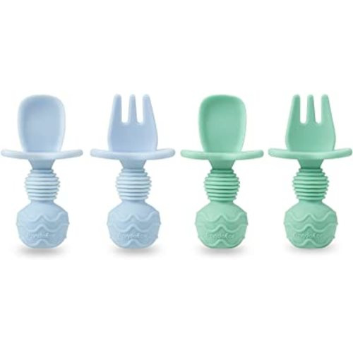 PandaEar 4 Pack Silicone Baby Spoons and Fork Feeding Set- Anti-Choke First Self Feeding Utensils for Baby Led Weaning Ages 3 Months (Cyan+Blue)